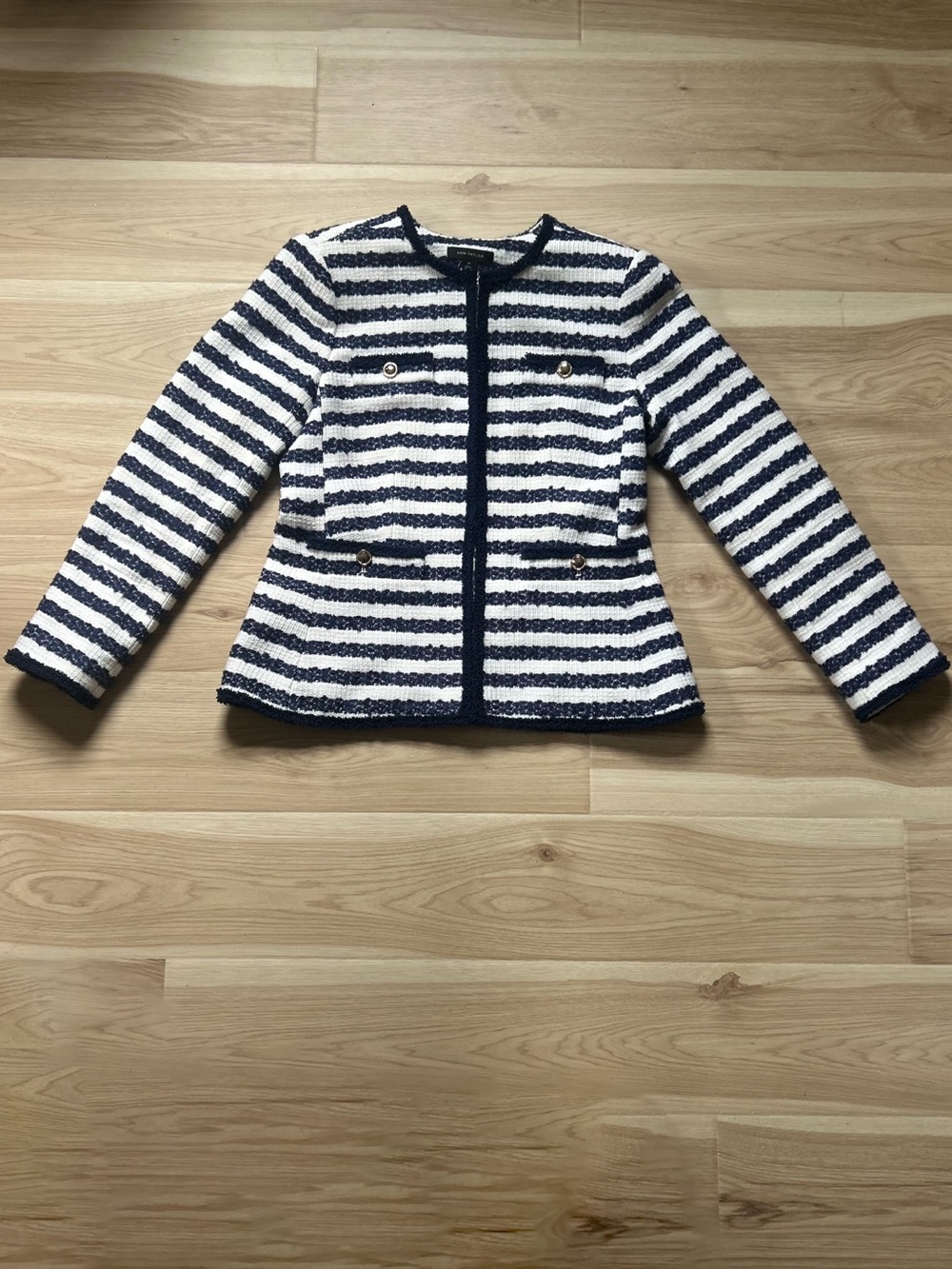 Ann Taylor Navy & White Striped Bouclé Jacket